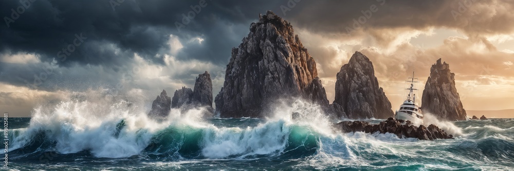 dramatic scene of the ocean, with a large rock formation in the foreground and waves crashing against it. dramatic scene of the ocean, with a large rock formation in the foreground and waves crashing against it.