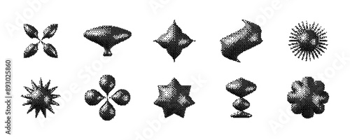 Pixelated 3d Y2K shape set. Bitmap stars, flowers, sparkles, waves element collection. Retro 8 bit sticker form bundle for poster, banner, collage, graphic design. Vector dither geometric object pack