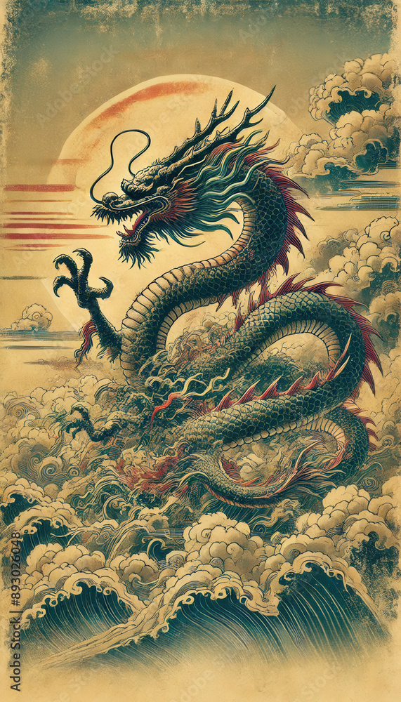 Fototapeta premium 墨絵、日本画、浮世絵／龍（ドラゴン）