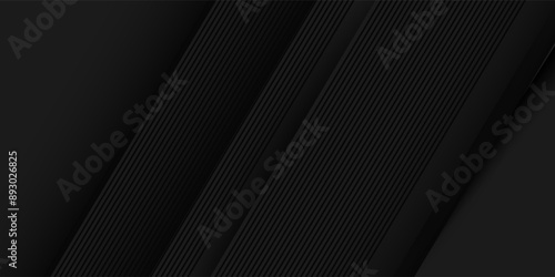 Black abstract background design. Modern wavy line pattern (guilloche curves) in monochrome colors. Premium stripe texture for banner, business backdrop. Dark horizontal vector template arts