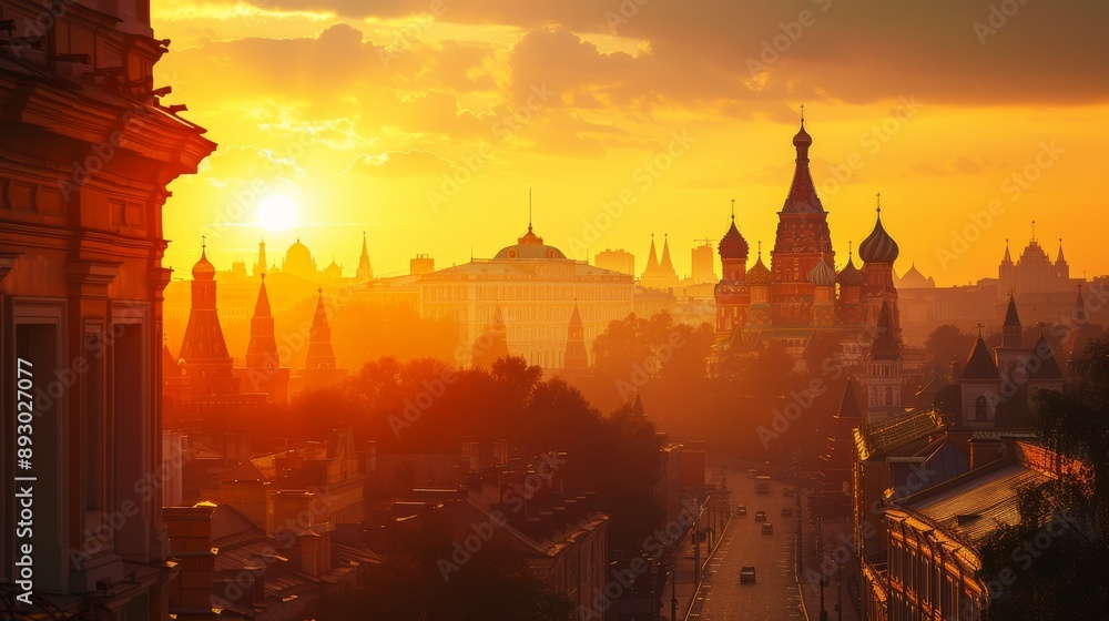 Naklejka premium A View of a City at Sunset With Buildings in the Background and a Clock Tower in the Foreground - Generative AI