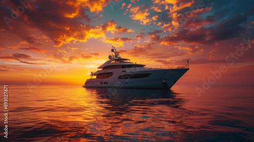 A Luxury Yacht in the Middle of the Ocean Under a Cloudy Sky at Sunset - Generative AI