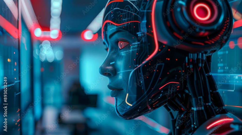 A Close up of a Robot's Head With Glowing Red and Blue Lights on It - Generative AI A Close up of a Robot's Head With Glowing Red and Blue Lights on It - Generative AI