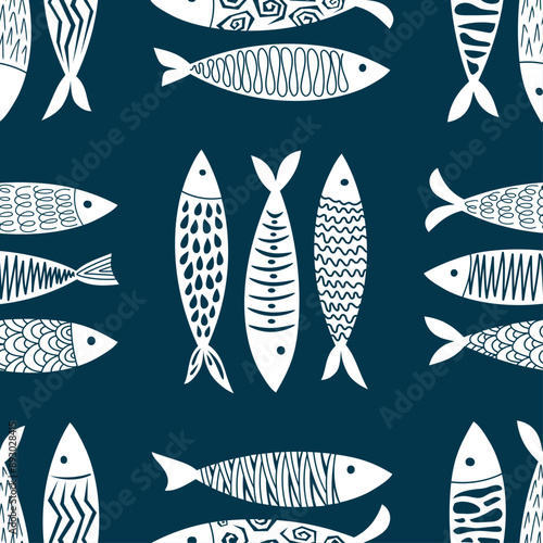 Fish pattern in white and blue. Vector illustration..eps