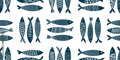 Blue and white fish pattern. Vector illustration.eps