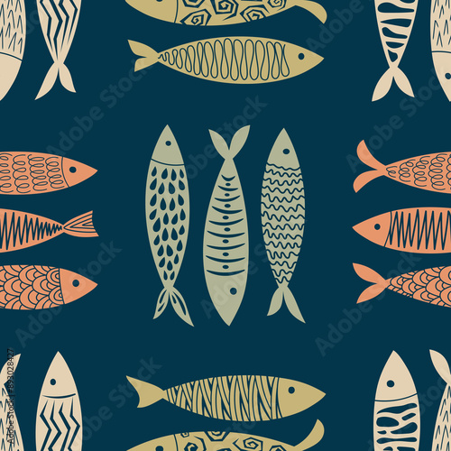 Fish in colorful abstract seamless pattern. Vector illustration.eps