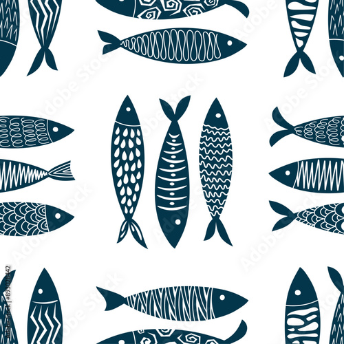 Fish pattern in white and blue. Vector illustration.eps