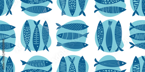 Fish pattern in white and shades of blue. Vector illustration.eps