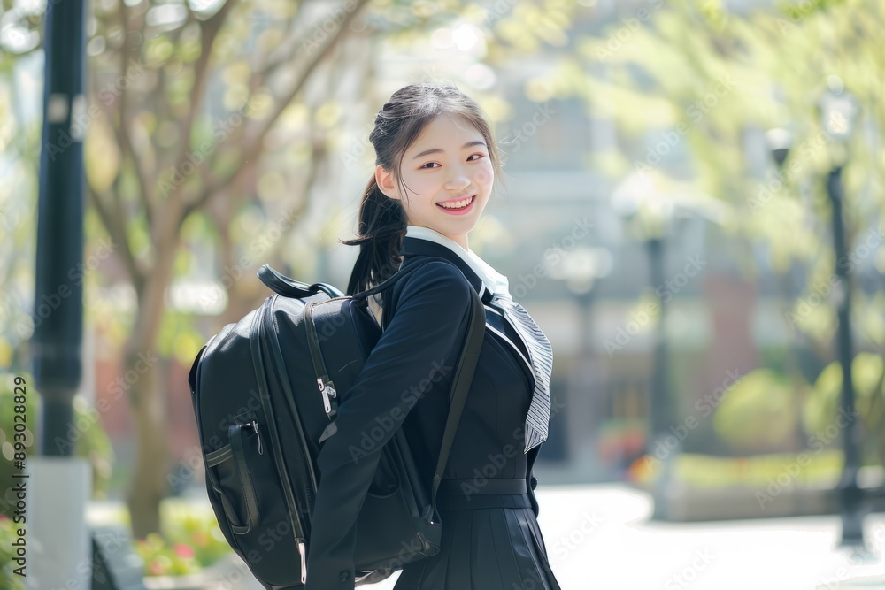 A college student is dragging a suitcase at school, smiling for the camera, wearing a black school uniform, fresh and lovely spring and summer wind A college student is dragging a suitcase at school, smiling for the camera, wearing a black school uniform, fresh and lovely spring and summer wind