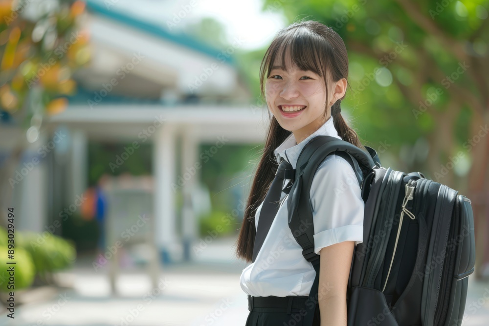 A college student is dragging a suitcase at school, smiling for the camera, wearing a black school uniform, fresh and lovely spring and summer wind A college student is dragging a suitcase at school, smiling for the camera, wearing a black school uniform, fresh and lovely spring and summer wind
