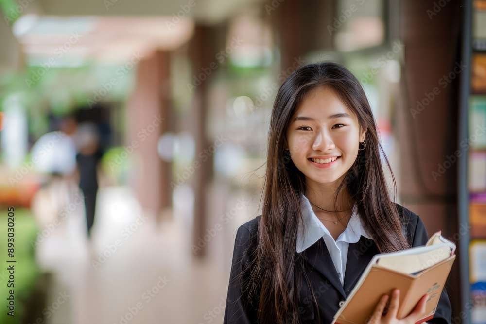 A college student is holding a book at school, smiling at the camera, wearing a black school uniform, fresh and lovely spring and summer wind, A college student is holding a book at school, smiling at the camera, wearing a black school uniform, fresh and lovely spring and summer wind,