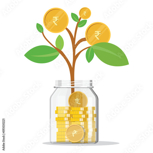Rupee plant growth in money jar, investment, mutual fund concept vector illustration