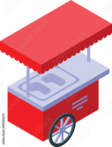Red street food cart with awning isometric illustration isolated on white background