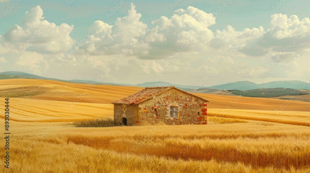 Ancient stone barn amidst vast fields of wheat Ancient stone barn amidst vast fields of wheat