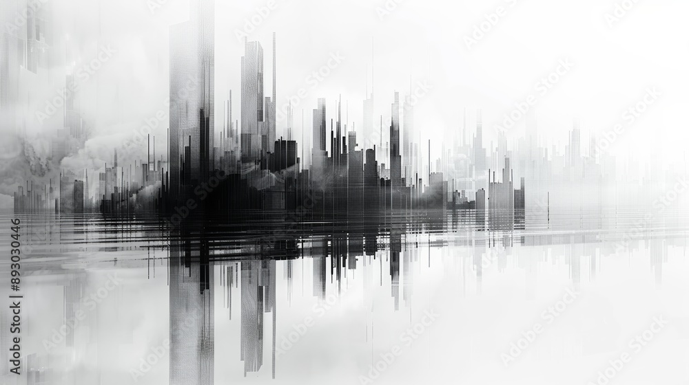 Obraz premium Stylized Geometric City Skyline in Shades of Gray and Black on Pure White Background Creating Abstract and Mysterious Landscape