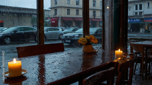 Fototapeta Naklejka Na Ścianę i Meble -  candles in church, Candles on a table in the restaurant with flowers in vase while cars in the street can be seen from the glass window 