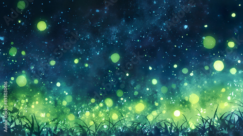 Tapety artystyczne たくさんの美しい蛍が舞う夜の草原の水彩イラスト風景