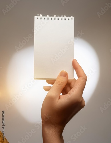 A hand holding a blank notepad with a spiral binding