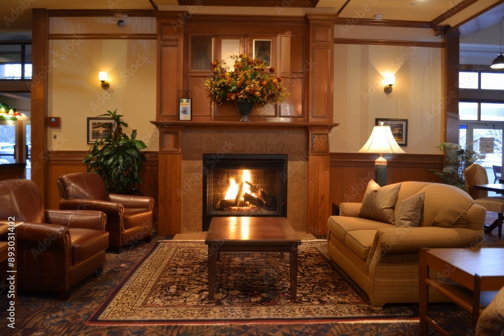 Naklejka premium Cozy Fireplace Lounge in a Warmly Decorated Lobby
