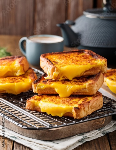 A stack of gooey golden grilled cheese sandwiches on a wire rack photo