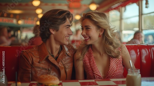 A Man and a Woman Sitting in a Booth at a Diner With Burgers and Milkshakes - Generative AI