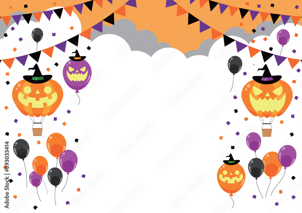 ハロウィン、ガーランド、風船、気球、イラスト、昼、横 ハロウィン、ガーランド、風船、気球、イラスト、昼、横