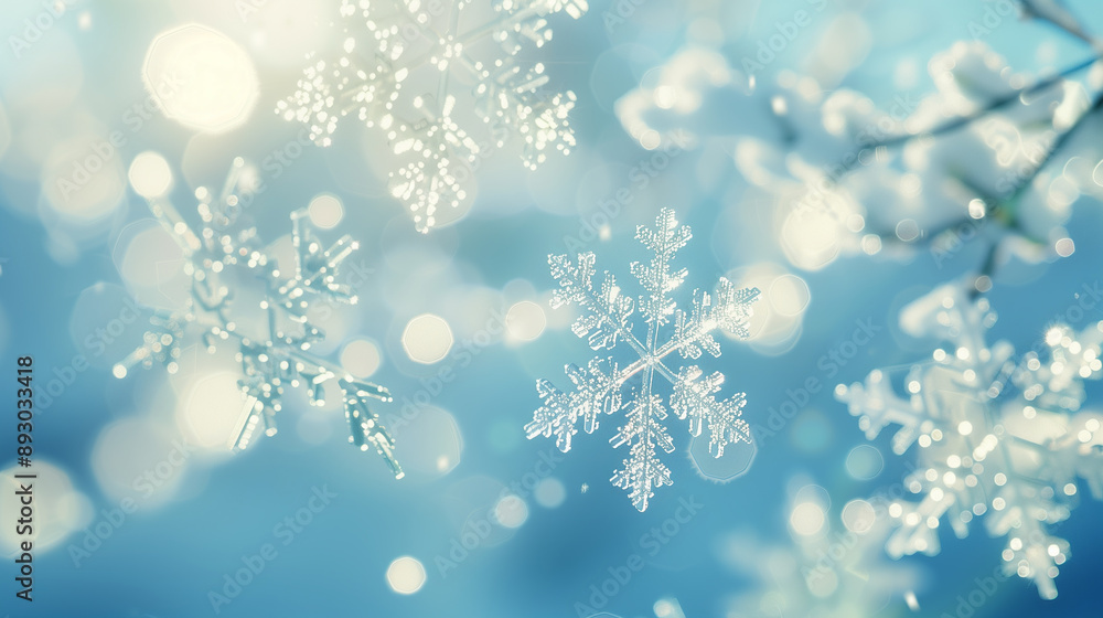 Close-up of Intricate Snowflakes on a Soft Blurred Background.. Close-up of Intricate Snowflakes on a Soft Blurred Background..