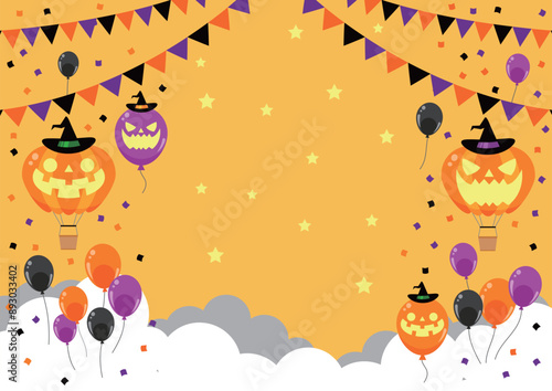 ハロウィン、ガーランド、風船、気球、イラスト、夜、横