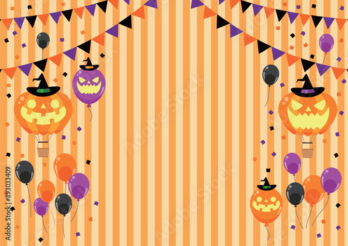 ハロウィン、ガーランド、風船、気球、イラスト、ストライプ、横