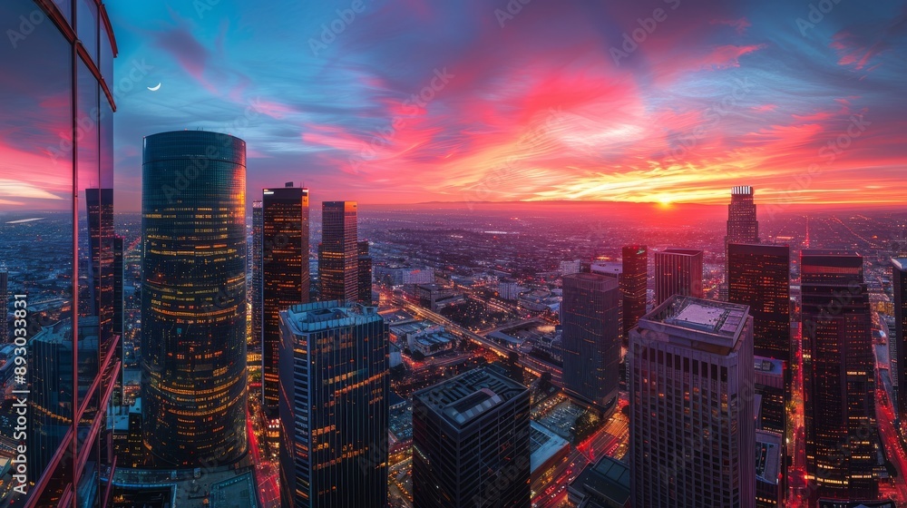 Fototapeta premium A View of a City at Sunset With Skyscrapers and Buildings in the Background - Generative AI