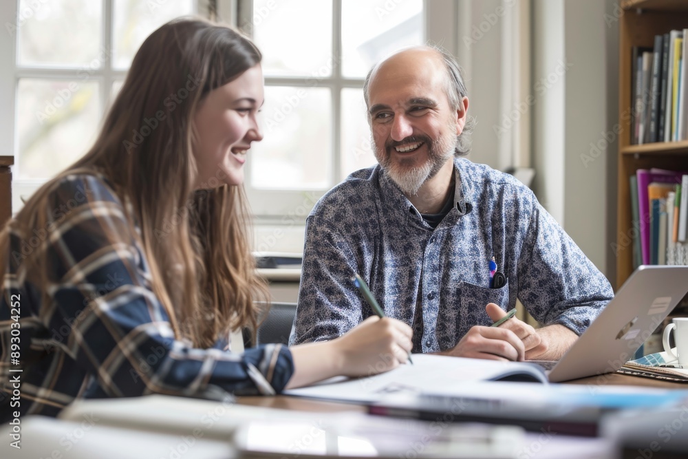 Smiling Man and Woman Talking and Working on a Project Smiling Man and Woman Talking and Working on a Project