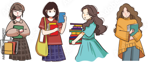 Girls Buying Books Illustration Set