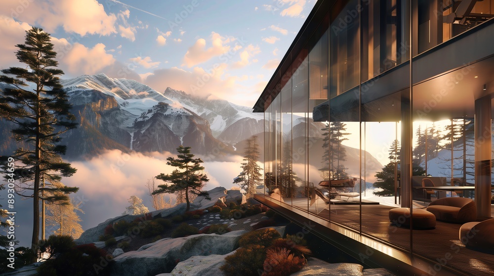 Fototapeta premium Realistic Mountain Retreat for Digital Professionals: Stunning Views, Advanced Workspaces, and Outdoor Activities