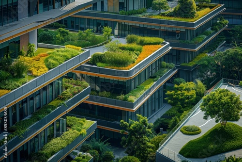 Eco-friendly building. Sustainable office building with garden on balconies for reducing carbon dioxide. Office building with green environment. Corporate building reduce CO2. Net zero building.