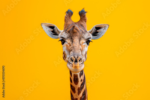 Giraffe head on yellow wall background, closeup of photo