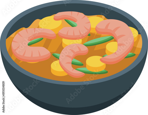 Asian food, traditional malaysian cuisine, shrimp laksa soup with noodles, vegetables and broth in a bowl