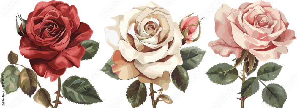 3 sets of rose flowers and stems with red, white and pink colored petals 3 sets of rose flowers and stems with red, white and pink colored petals