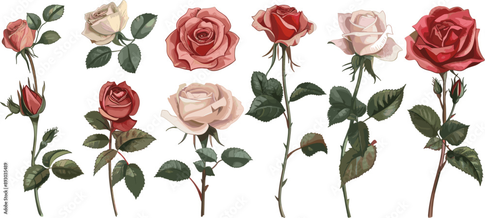 set of rose flowers and stems in color style isolated on white set of rose flowers and stems in color style isolated on white