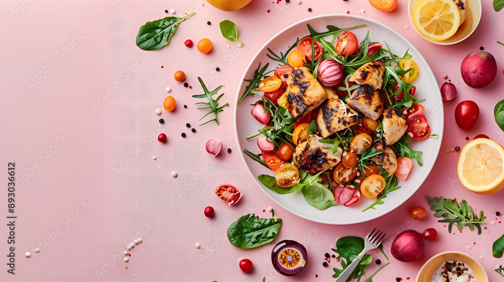 A minimalist flat lay with a clean background, beautifully arranged food items, and perfect lighting A minimalist flat lay with a clean background, beautifully arranged food items, and perfect lighting