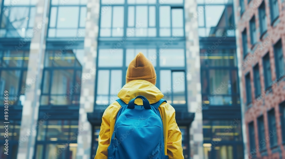 Fototapeta premium Back view of a child with a yellow jacket and blue backpack facing an academy building with large windows
