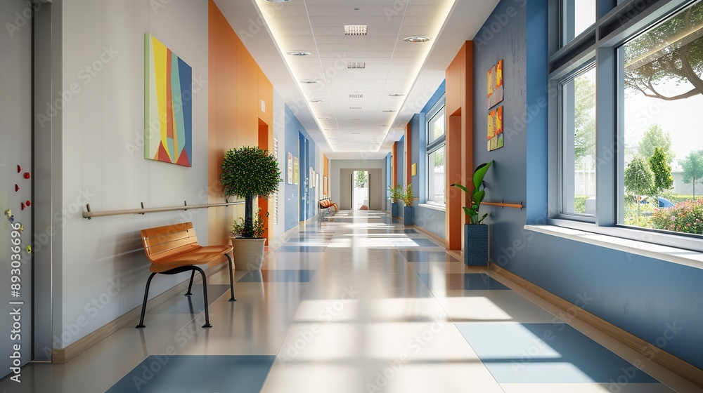 Spacious school corridor with modern furniture in a bright educational building Spacious school corridor with modern furniture in a bright educational building