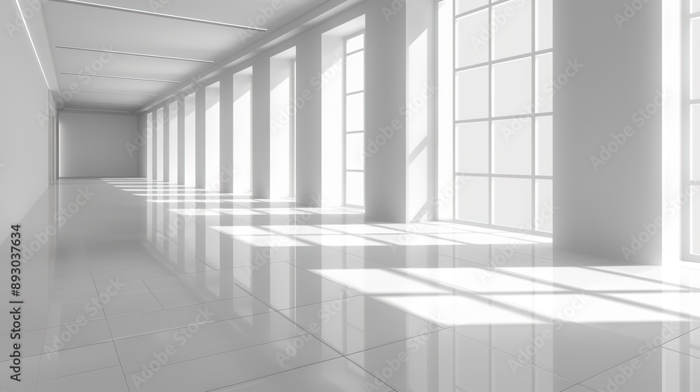 white empty space in room, ceramic tile floor in perspective, window and ceiling strip light. Interior home design look clean, bright, shiny surface white empty space in room, ceramic tile floor in perspective, window and ceiling strip light. Interior home design look clean, bright, shiny surface