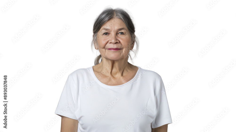 Half body portrait of an enthusiastic Ukrainian folk singer in her 60s in a white T-shirt Half body portrait of an enthusiastic Ukrainian folk singer in her 60s in a white T-shirt