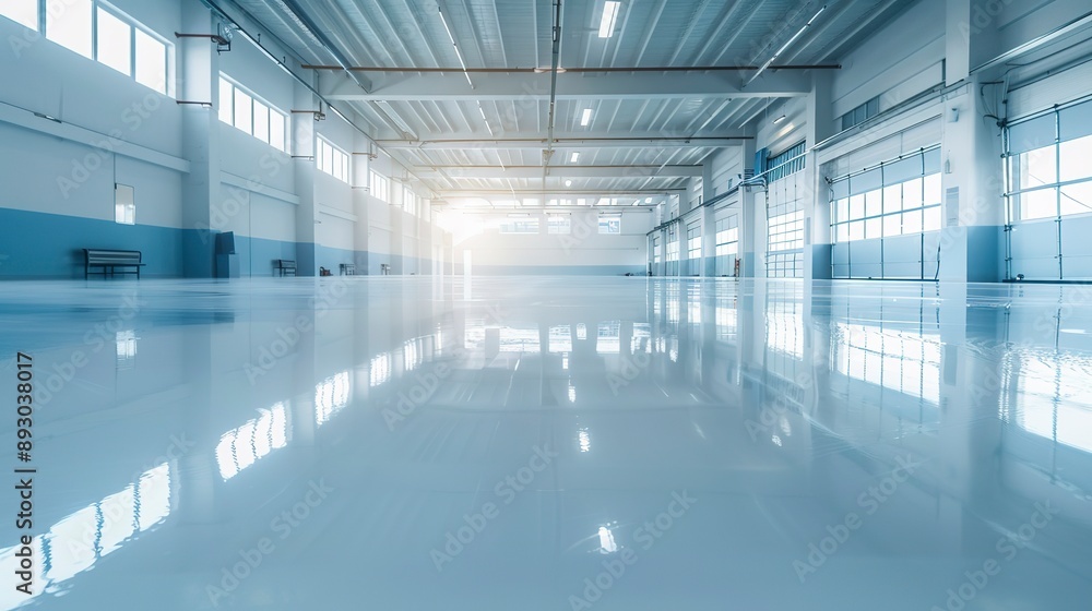 New shiny epoxy resin floor in a large, brightly lit room. Office, warehouse, production workshop after renovation. New shiny epoxy resin floor in a large, brightly lit room. Office, warehouse, production workshop after renovation.
