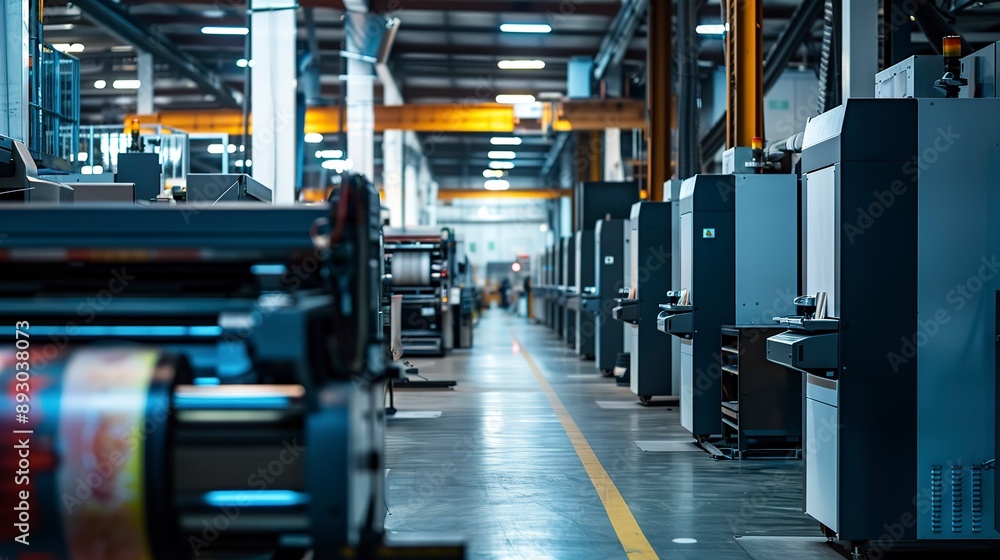 The production floor of a big digital printing company with large print machines printing packaging designs The production floor of a big digital printing company with large print machines printing packaging designs