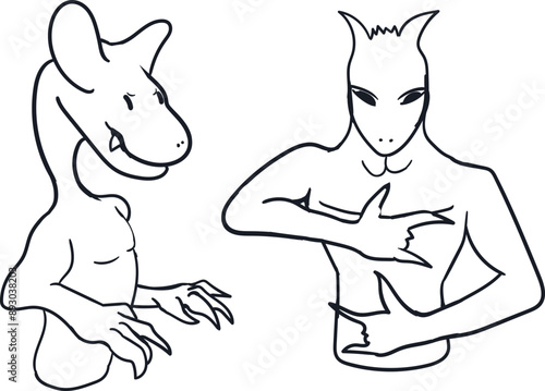 Two fictional characters or anthropomorphic animals drawn in a torso.