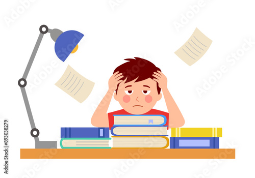 Bored tired boy student doing homework. Sad schoolboy feeling boredom. Unhappy fatigue pupil with books on table.