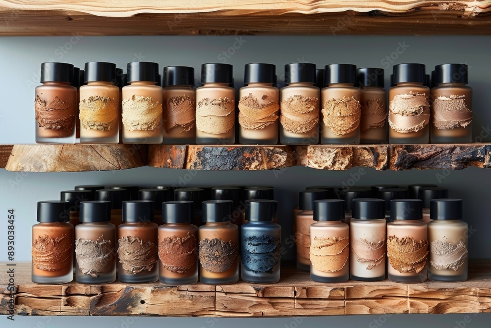 Variety of makeup foundations and compacts on shelf in studio setting with natural shades Variety of makeup foundations and compacts on shelf in studio setting with natural shades