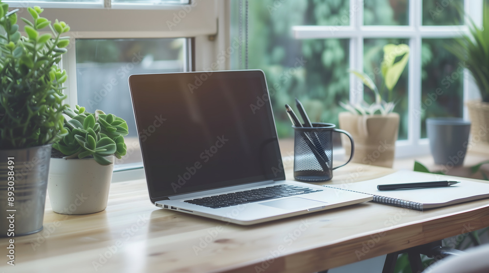 A clean and modern office workspace with a laptop and notepad, soft natural light, A clean and modern office workspace with a laptop and notepad, soft natural light,