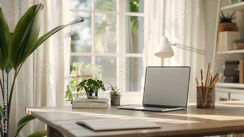 Wallpaper Mural  A clean and modern office workspace with a laptop and notepad, soft natural light,  Torontodigital.ca